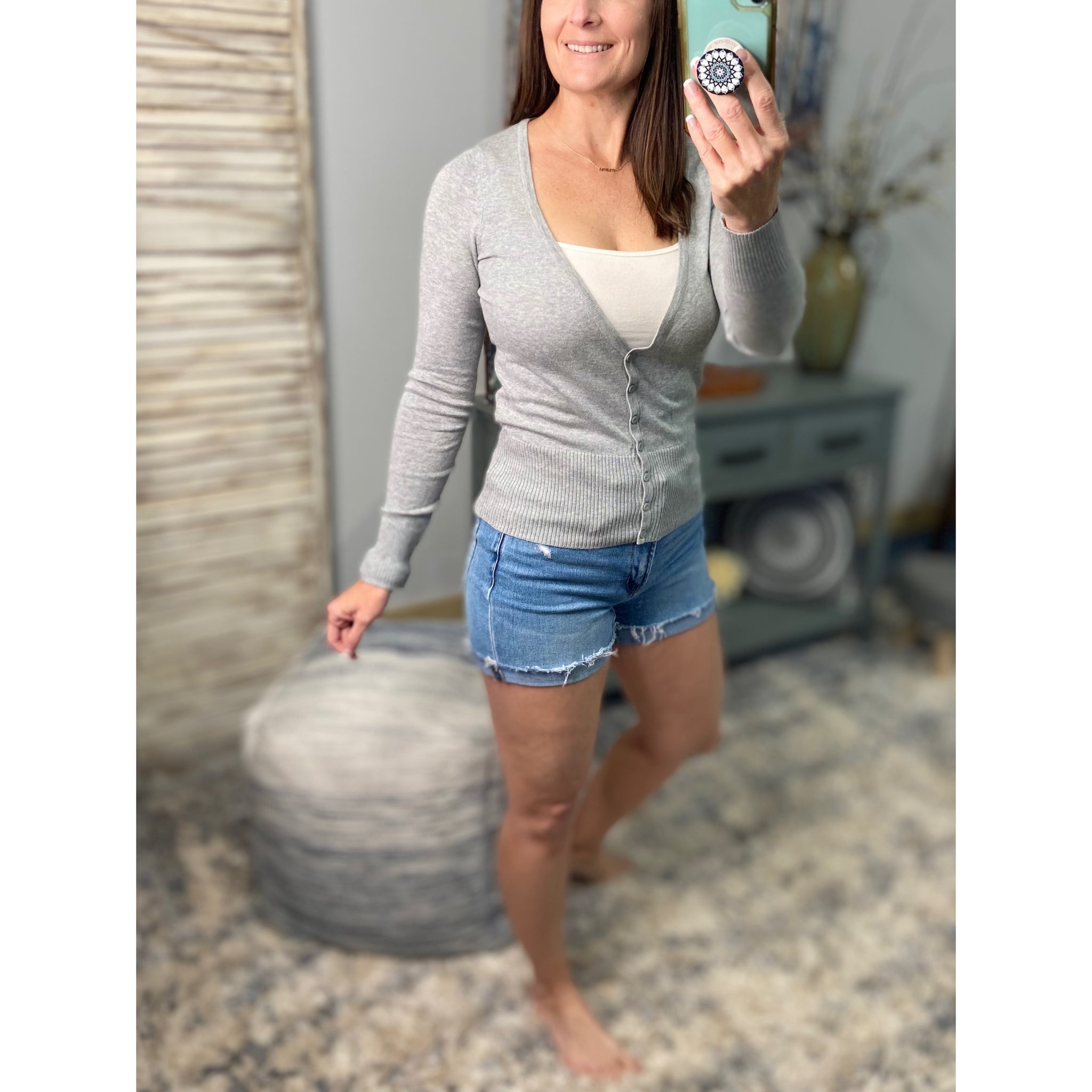 Sexy Preppy Cropped Cleavage Button Up Cardigan Long Sleeve Sweater Gray