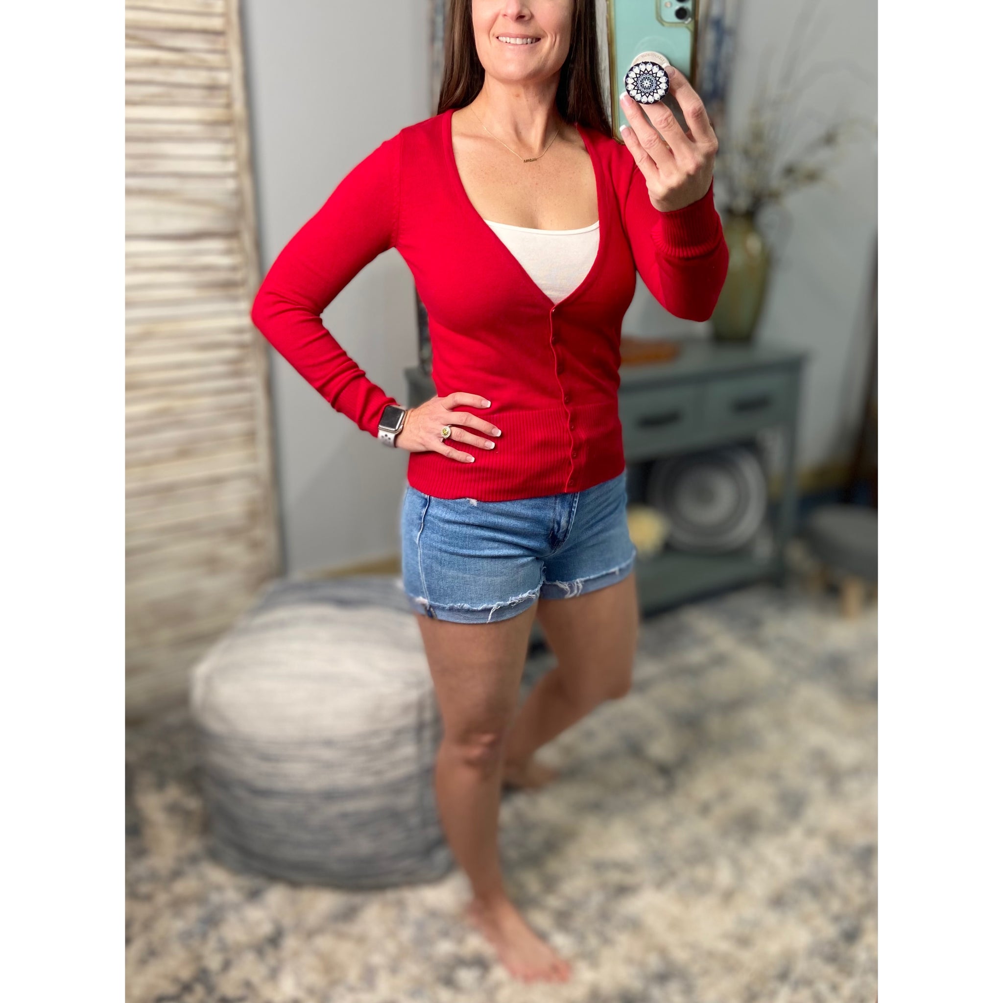 Sexy Preppy Cropped Cleavage Button Up Cardigan Long Sleeve Sweater Red
