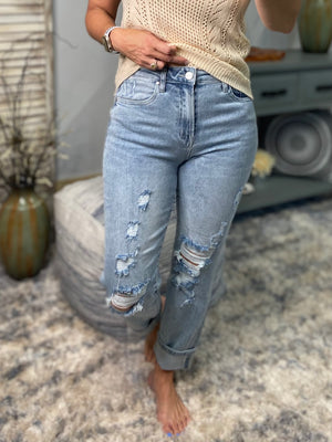 "Rise & Shine" Risen High Rise Cuff Denim Distressed Boyfriend Stretch Jeans Light Wash Blue