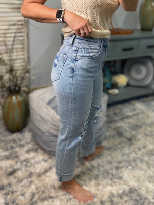 "Rise & Shine" Risen High Rise Cuff Denim Distressed Boyfriend Stretch Jeans Light Wash Blue