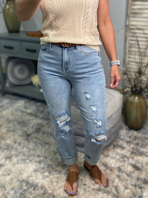 "Rise & Shine" Risen High Rise Cuff Denim Distressed Boyfriend Stretch Jeans Light Wash Blue