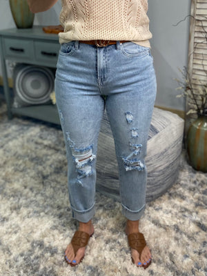 "Rise & Shine" Risen High Rise Cuff Denim Distressed Boyfriend Stretch Jeans Light Wash Blue