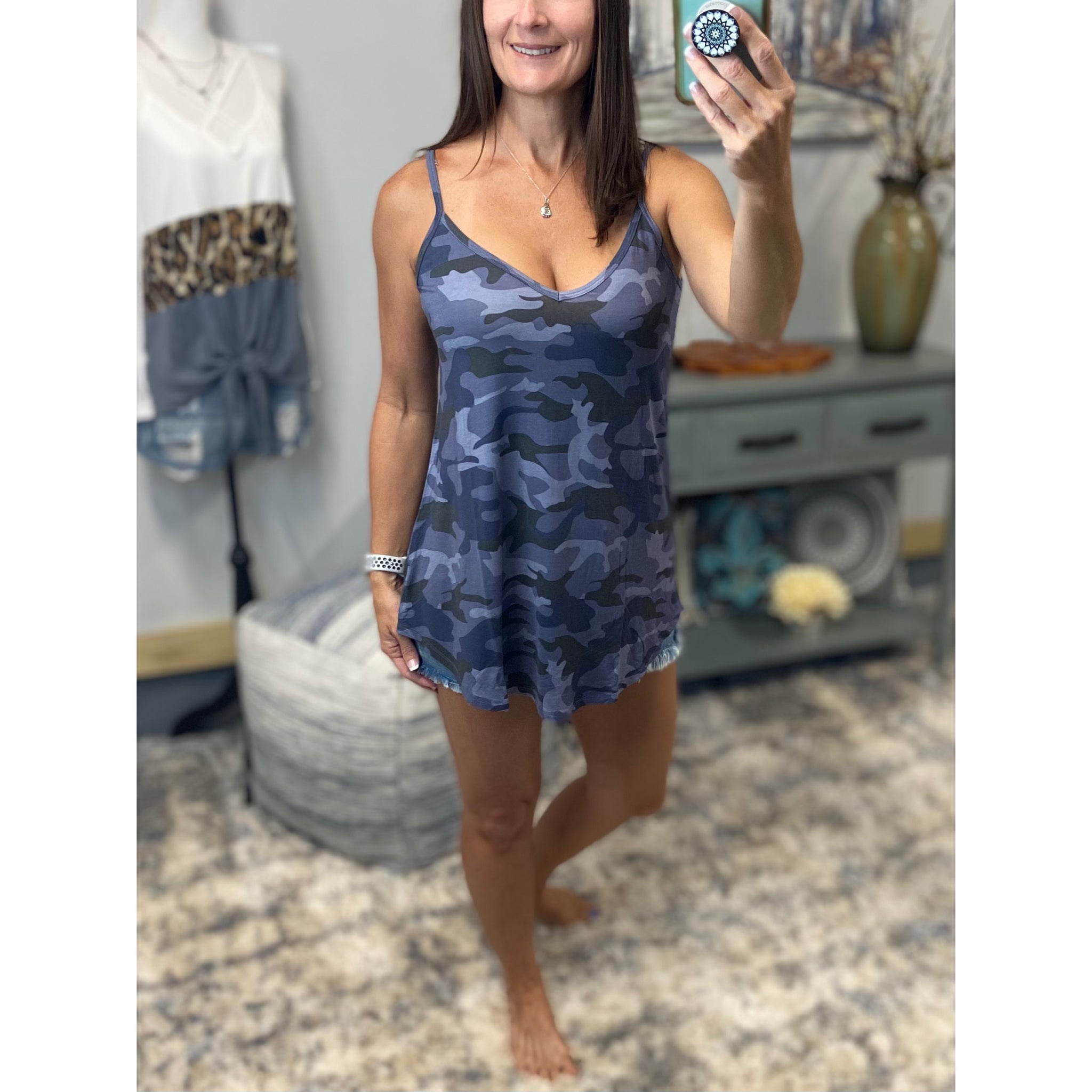 “Heat Wave” Reversible Camouflage Low Scoop Or V Neck Spaghetti Strap Tank Shirt Top Blue PLUS