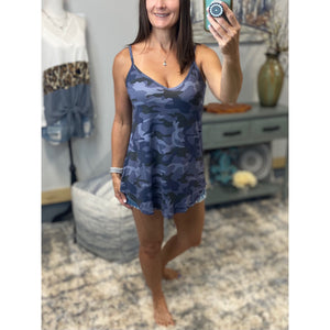 “Heat Wave” Reversible Camouflage Low Scoop Or V Neck Spaghetti Strap Tank Shirt Top Blue PLUS