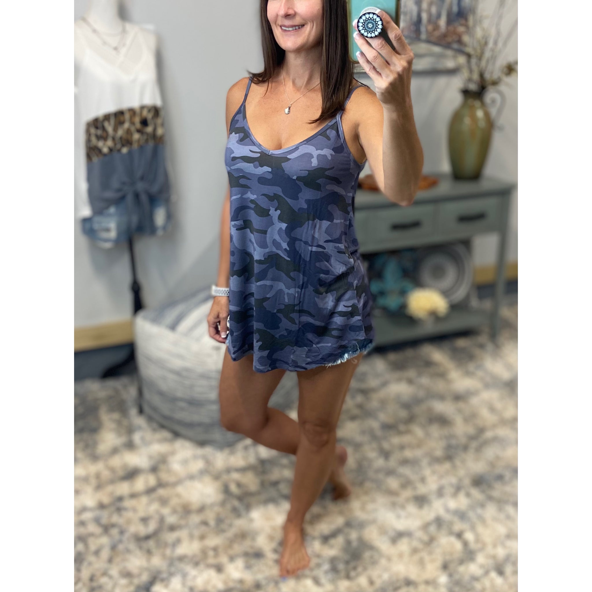 “Heat Wave” Reversible Camouflage Low Scoop Or V Neck Spaghetti Strap Tank Shirt Top Blue PLUS