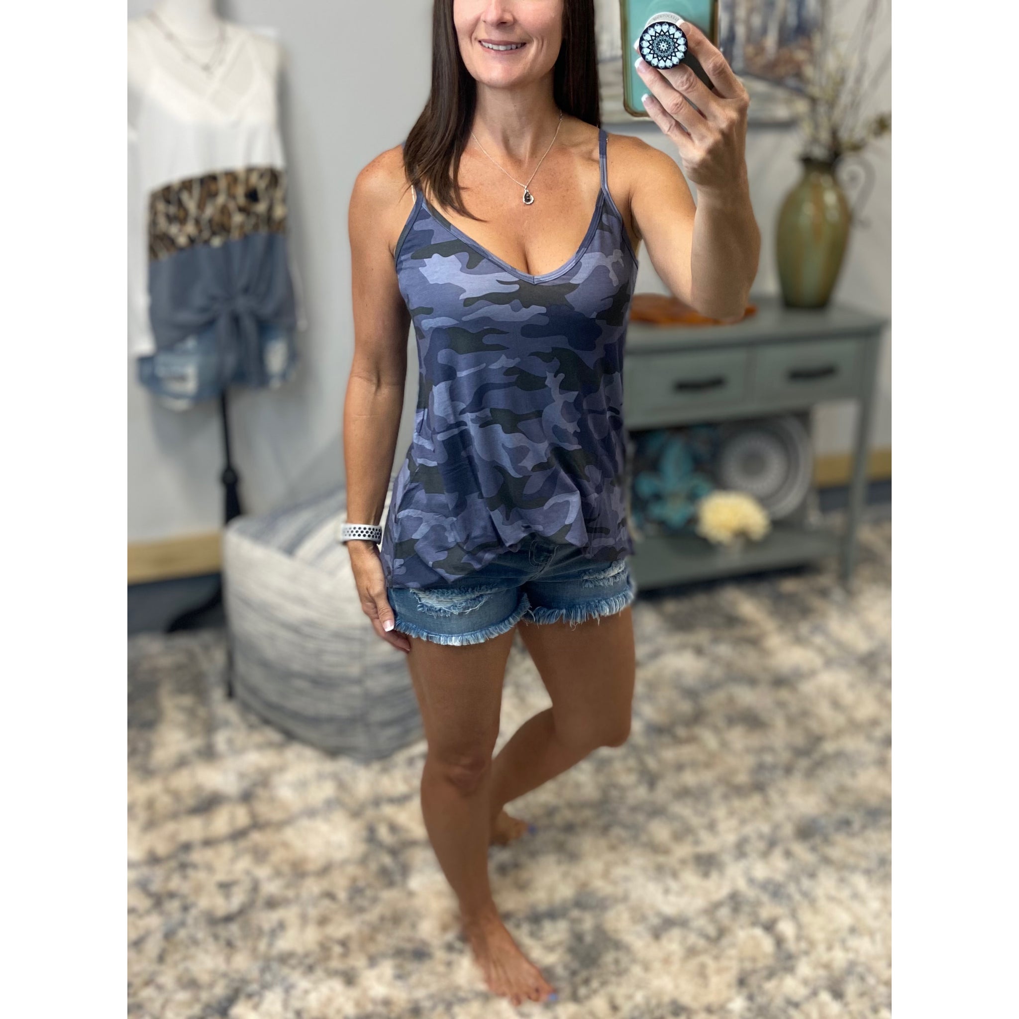 “Heat Wave” Reversible Camouflage Low Scoop Or V Neck Spaghetti Strap Tank Shirt Top Blue PLUS