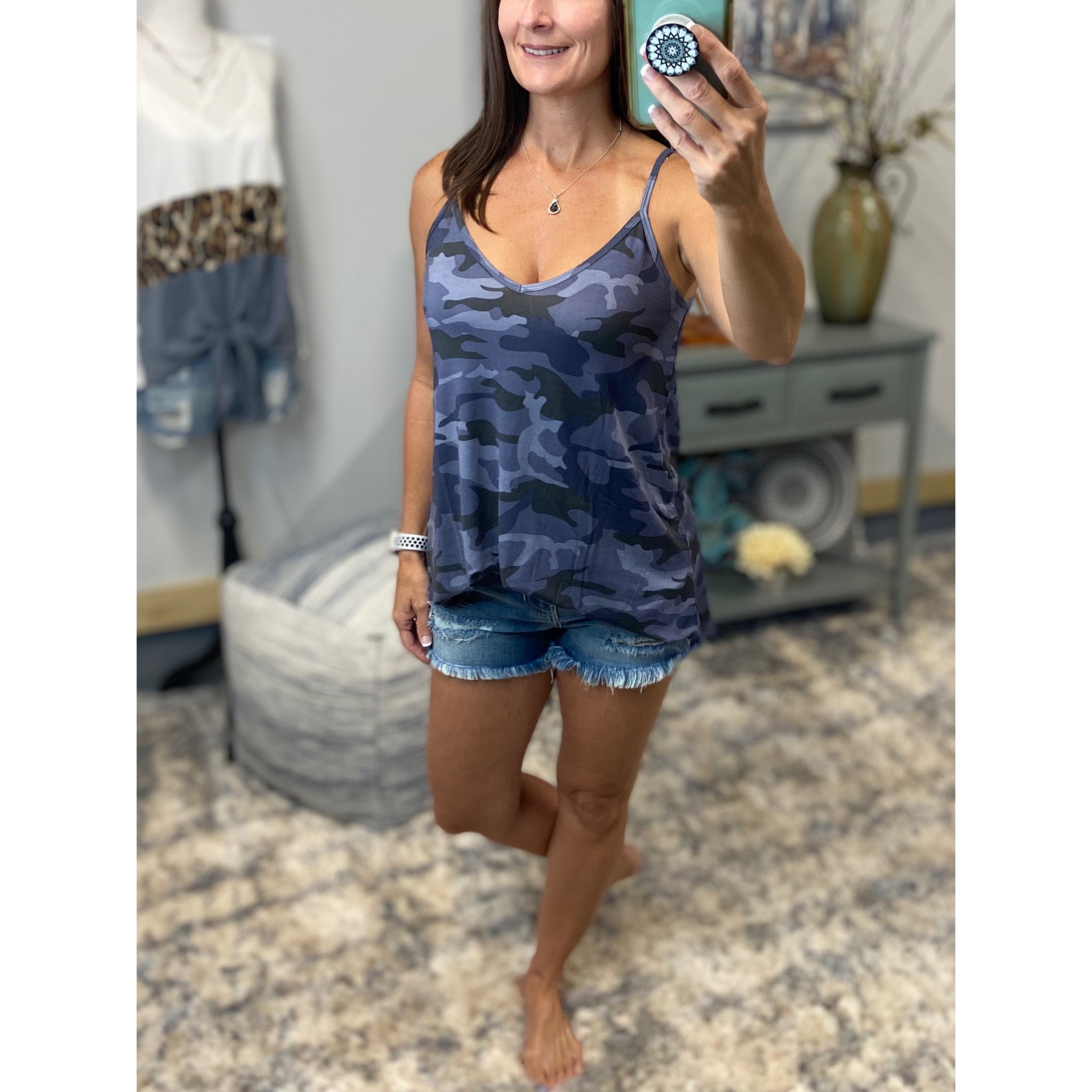 “Heat Wave” Reversible Camouflage Low Scoop Or V Neck Spaghetti Strap Tank Shirt Top Blue PLUS