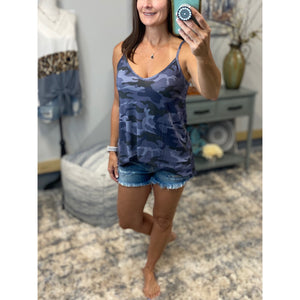 “Heat Wave” Reversible Camouflage Low Scoop Or V Neck Spaghetti Strap Tank Shirt Top Blue PLUS