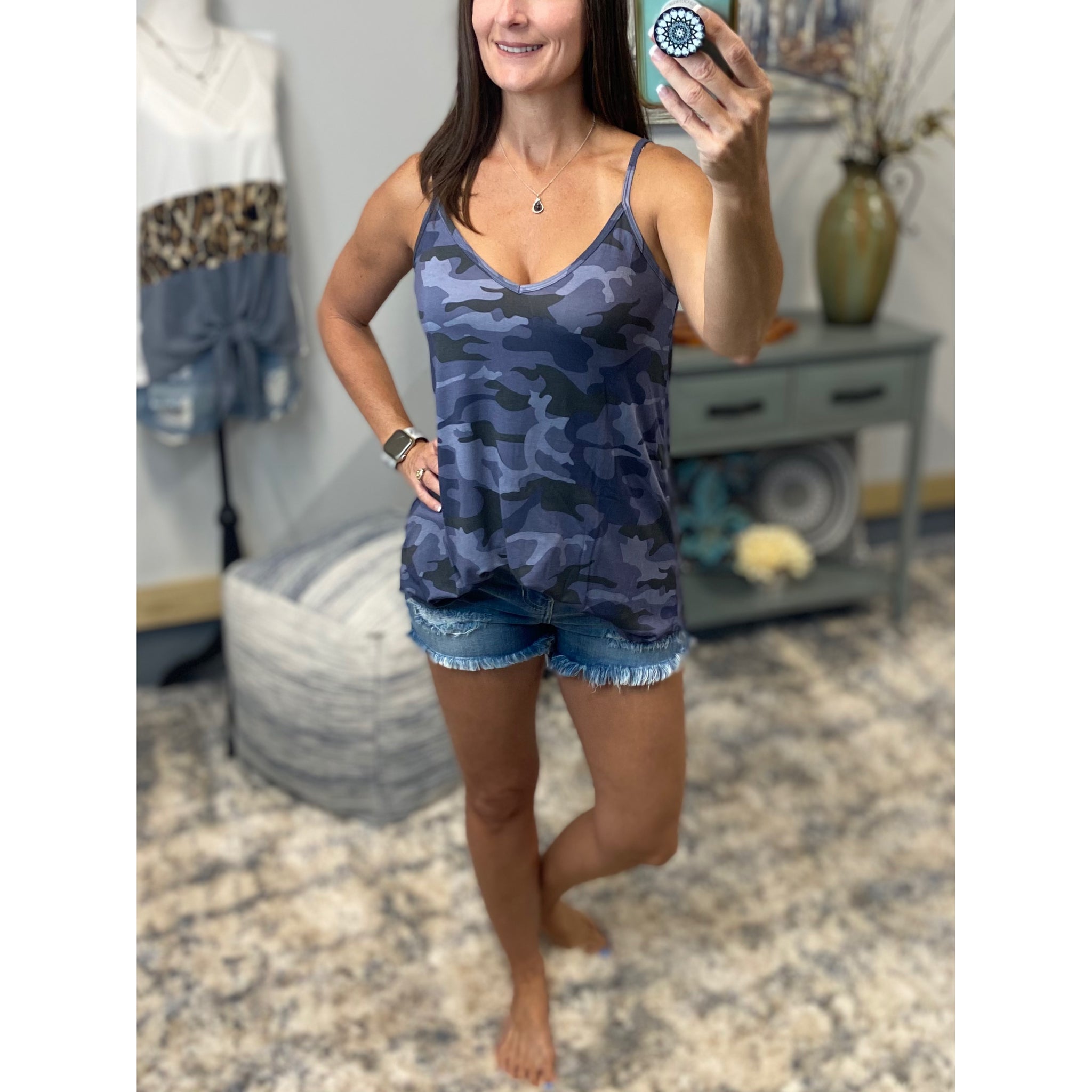 “Heat Wave” Reversible Camouflage Low Scoop Or V Neck Spaghetti Strap Tank Shirt Top Blue PLUS