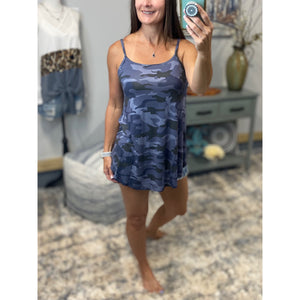 “Heat Wave” Reversible Camouflage Low Scoop Or V Neck Spaghetti Strap Tank Shirt Top Blue PLUS