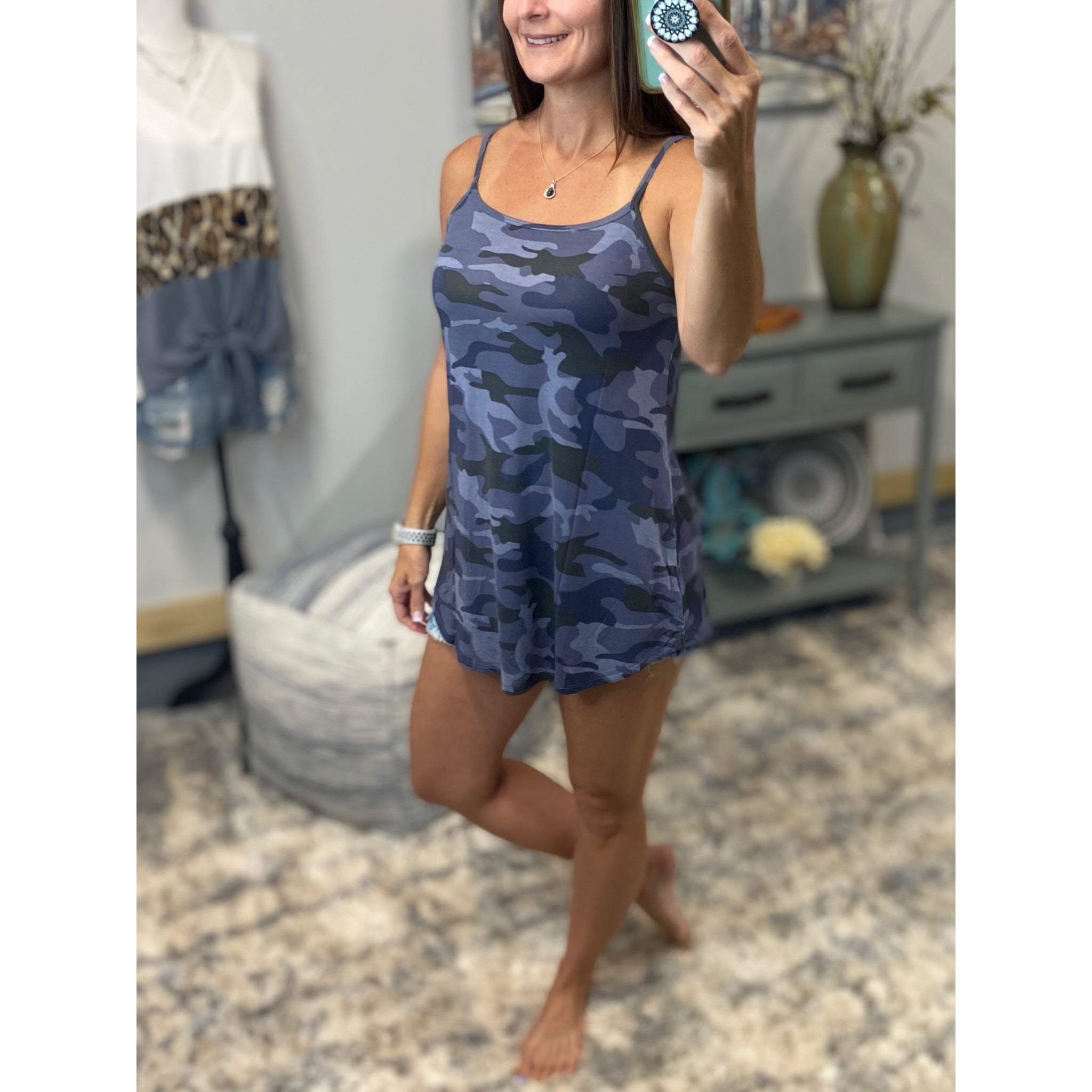“Heat Wave” Reversible Camouflage Low Scoop Or V Neck Spaghetti Strap Tank Shirt Top Blue PLUS