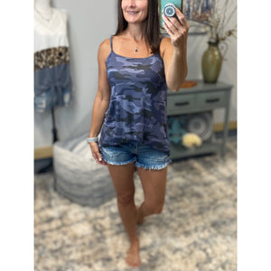 “Heat Wave” Reversible Camouflage Low Scoop Or V Neck Spaghetti Strap Tank Shirt Top Blue PLUS