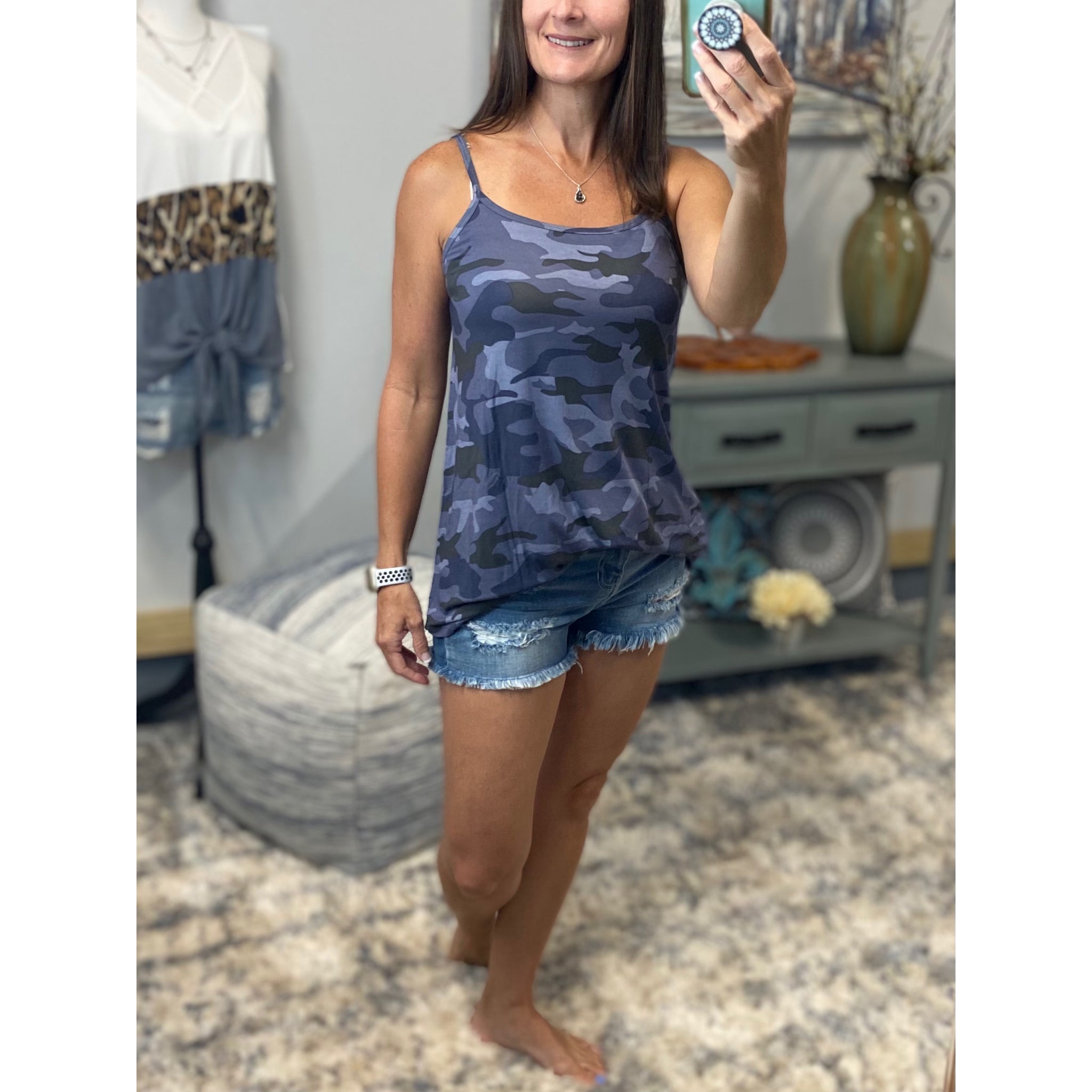 “Heat Wave” Reversible Camouflage Low Scoop Or V Neck Spaghetti Strap Tank Shirt Top Blue PLUS