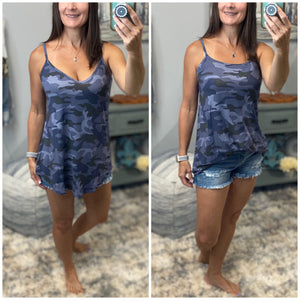 “Heat Wave” Reversible Camouflage Low Scoop Or V Neck Spaghetti Strap Tank Shirt Top Blue PLUS