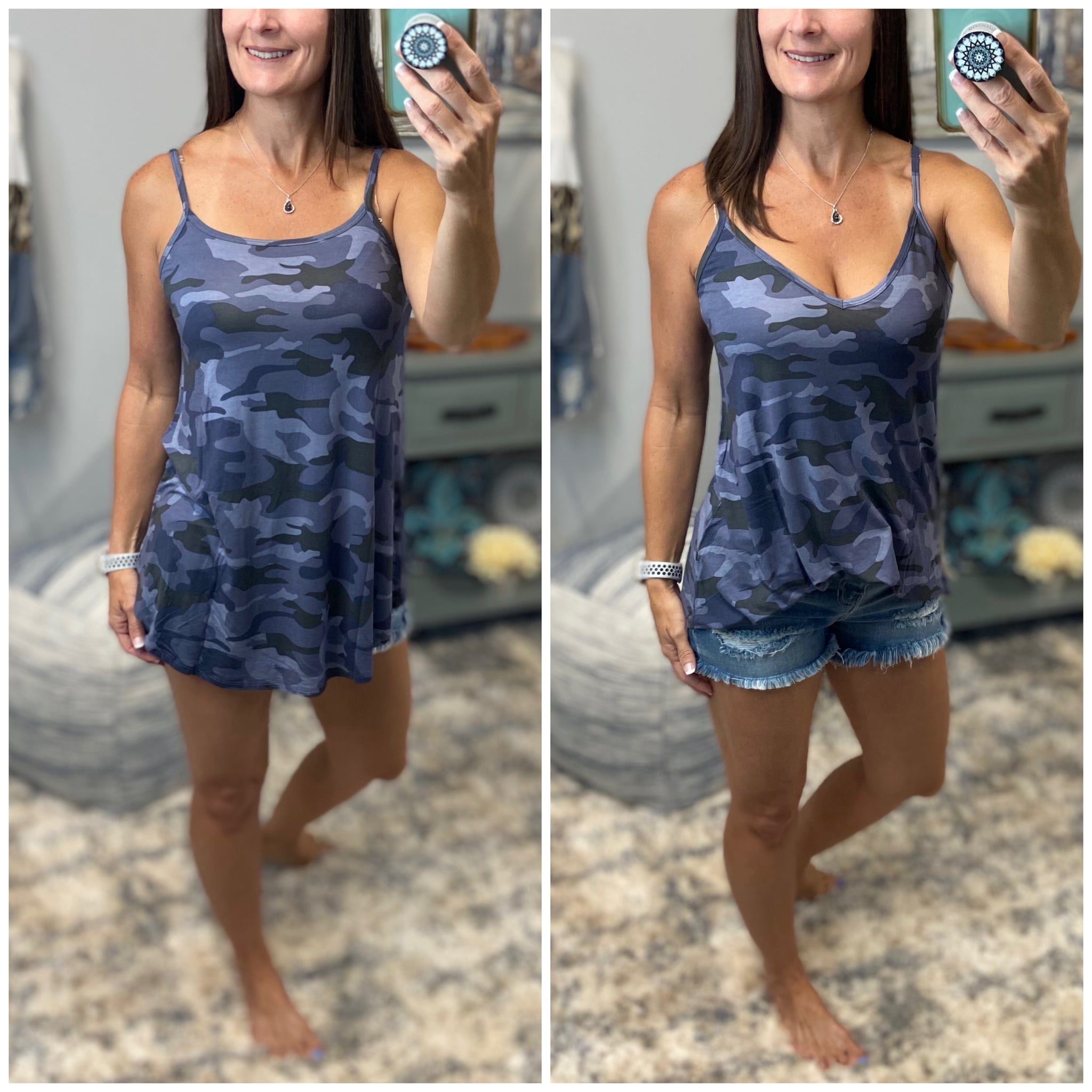 “Heat Wave” Reversible Camouflage Low Scoop Or V Neck Spaghetti Strap Tank Shirt Top Blue PLUS