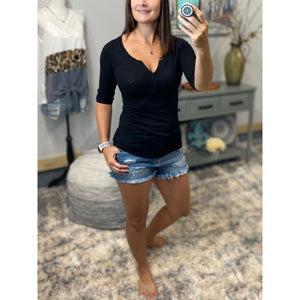 "Come Together" V-Neck Crochet Plunge Cleavage Military 3/4 Cuff Sleeve Top Black