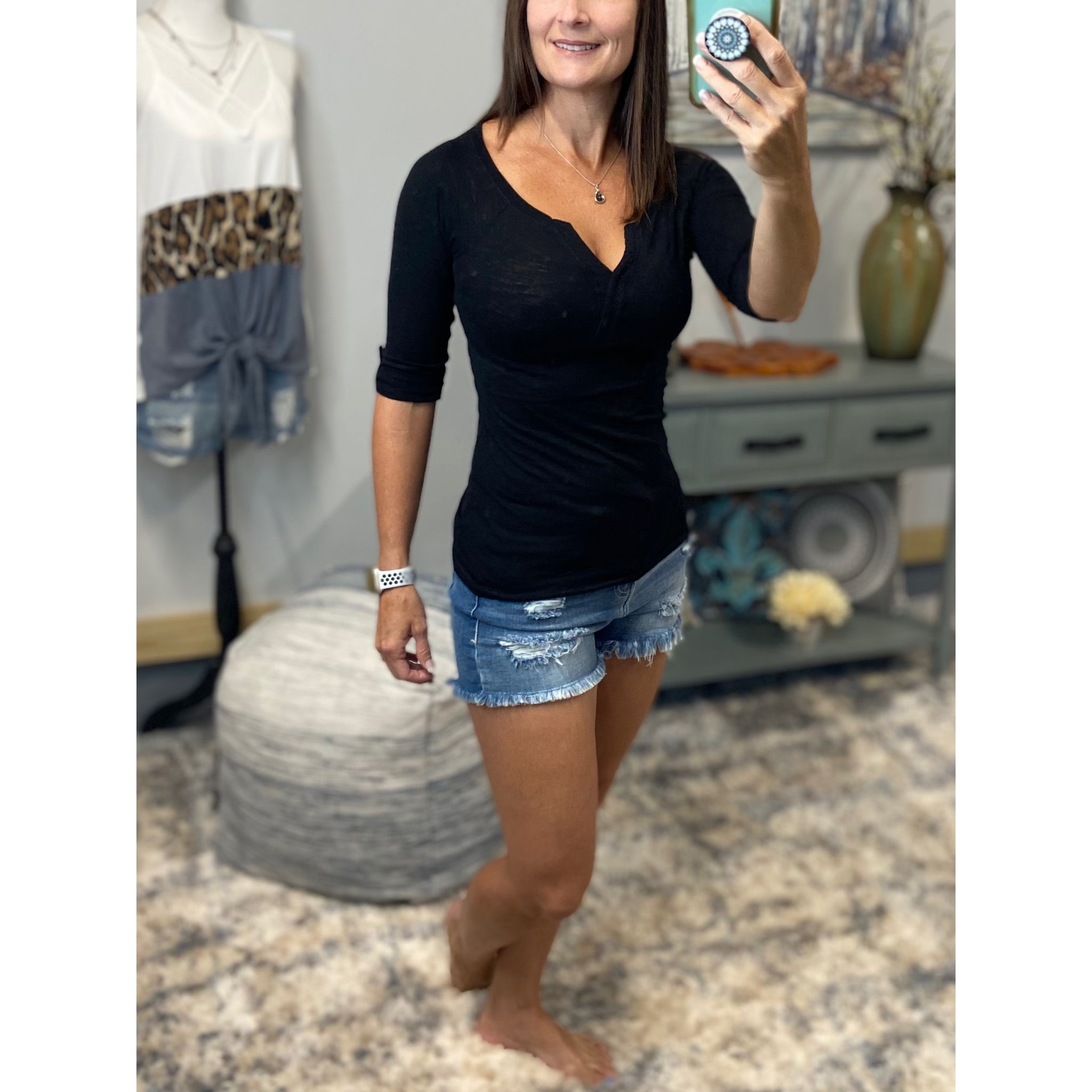 "Come Together" V-Neck Crochet Plunge Cleavage Military 3/4 Cuff Sleeve Top Black