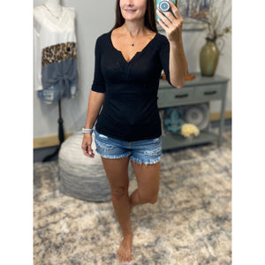 "Come Together" V-Neck Crochet Plunge Cleavage Military 3/4 Cuff Sleeve Top Black