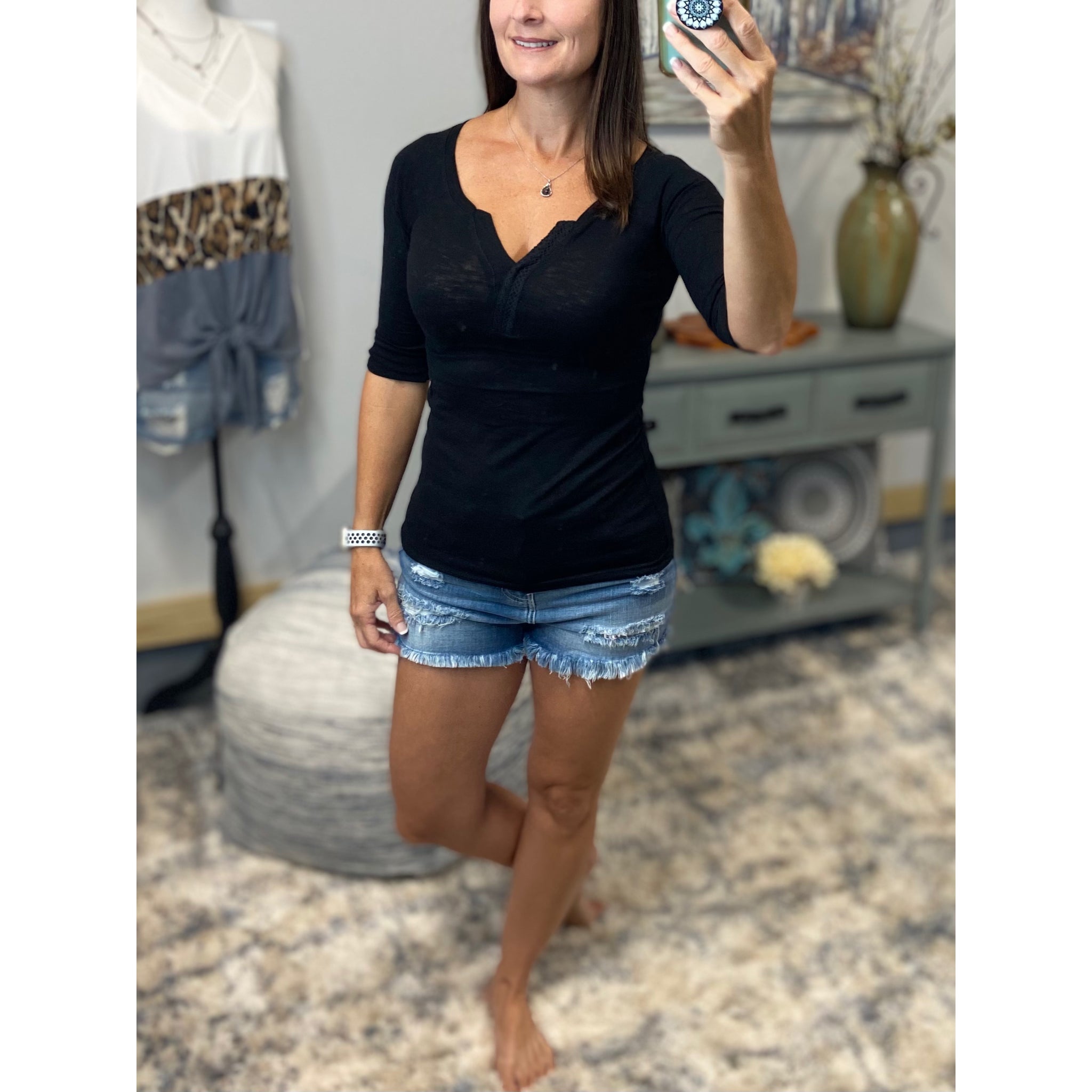 "Come Together" V-Neck Crochet Plunge Cleavage Military 3/4 Cuff Sleeve Top Black