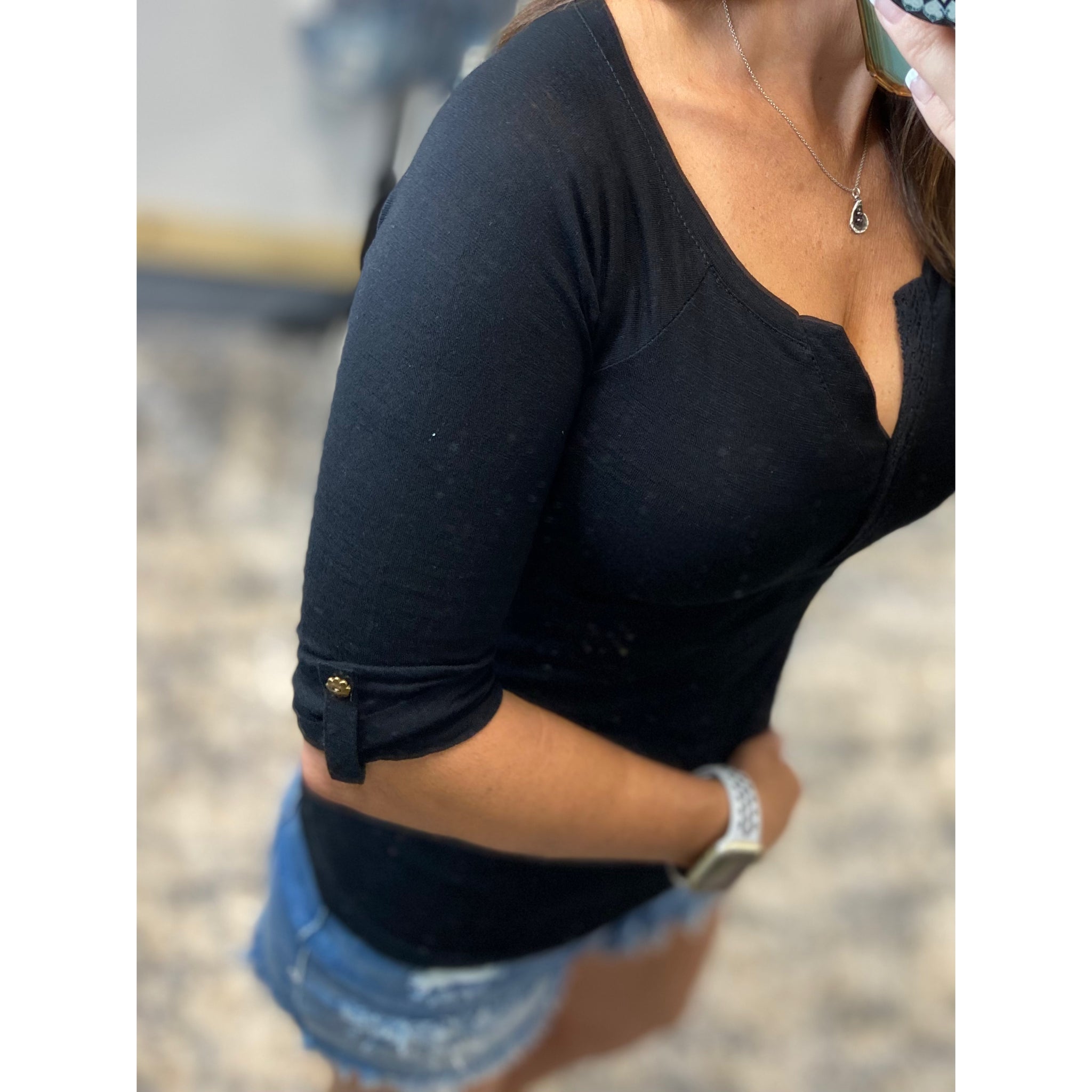 "Come Together" V-Neck Crochet Plunge Cleavage Military 3/4 Cuff Sleeve Top Black