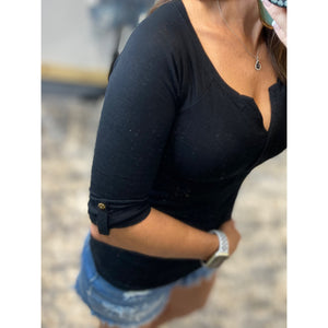 "Come Together" V-Neck Crochet Plunge Cleavage Military 3/4 Cuff Sleeve Top Black