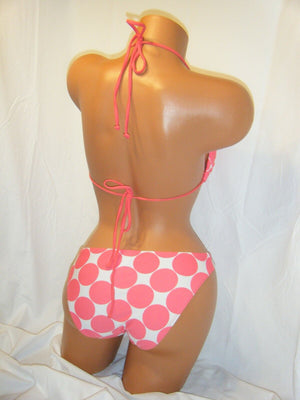 Sexy Halter Bandeau O Ring Bikini Pink White Polka Dot Swimsuit Padded S/M/L