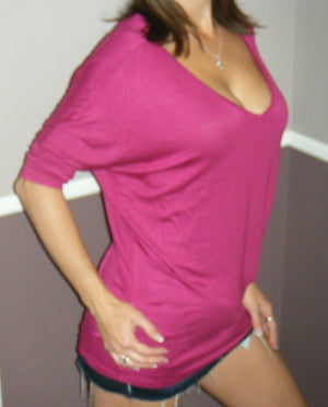 Very Sexy Dolman Deep V-Neck Cleavage Asymmetrical Tunic Top Magenta S/M/L/XL
