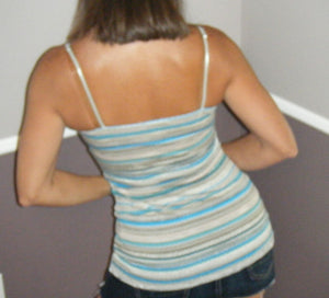 Striped Low Cut Cleavage Retro Lace Summer Tank Cami Top Tunic Gray S/M/L