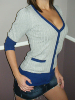 Very Sexy V-Neck Colorblock Tunic Fitted Cardigan Sweater Top Blue S/M/L/XL