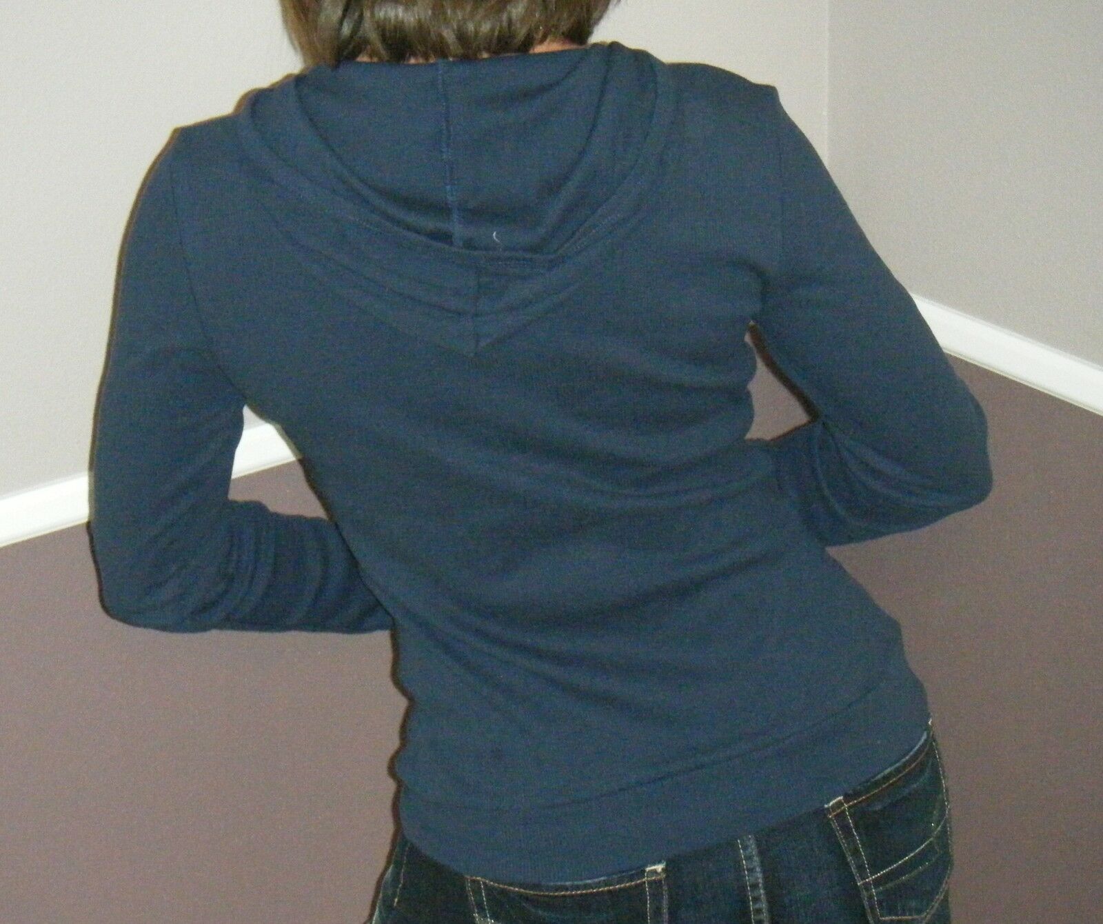 Very Sexy V Neck Cleavage Ribbed Thermal Pocket Urban Hoodie Top Navy S/M/L/XL