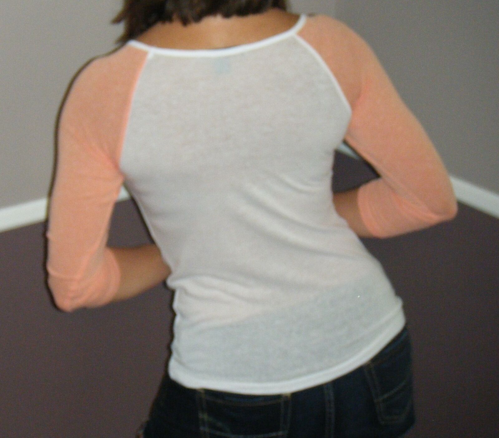 Sexy Scoop Boat Neck Raglan Athletic Colorblock Jersey Top Shirt Peach S/M/L