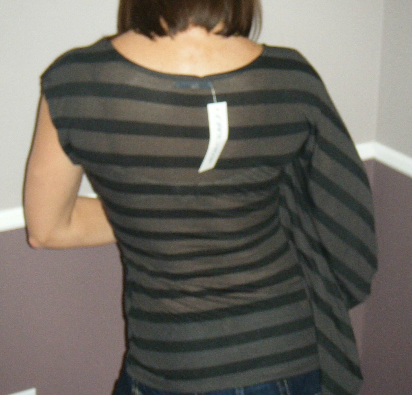 "Flying In Circles" Dolman Ruched Flutter Batwing Striped Burnout Tissue Shirt Black S/M/L/XL