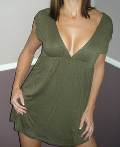 Very Sexy Deep V-Neck Cleavage Babydoll Dolman Tunic Mini Dress Olive S/M/L