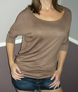 Very Sexy Dolman Wide Scoop Open Boat Neck Batwing Short Sleeve Top Shirt Cocoa