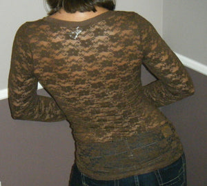 Very Sexy Lace Back V-Neck Cleavage Low Cut L/S Tissue Shirt Top Brown S/M/L