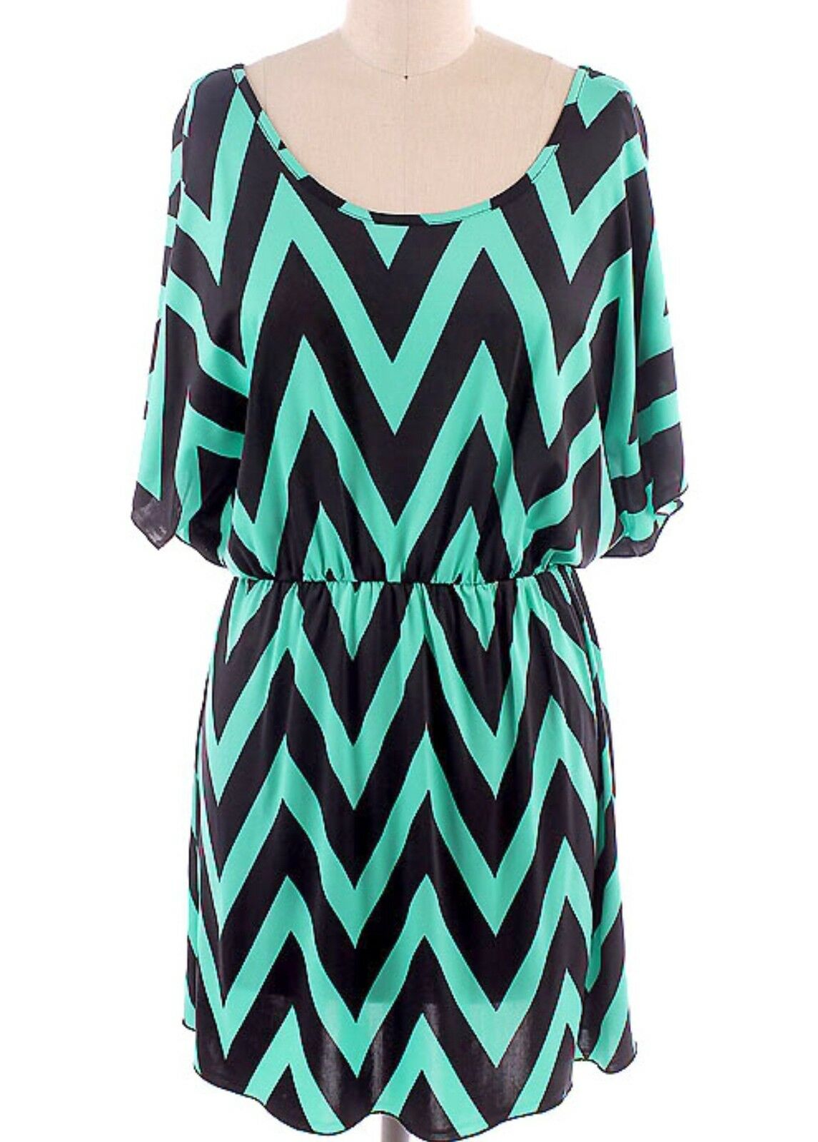 Sexy Chevron Zig Zag Print Batwing Dolman Elastic Waist Dress Black/Green S/M/L