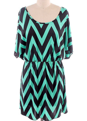 Sexy Chevron Zig Zag Print Batwing Dolman Elastic Waist Dress Black/Green S/M/L