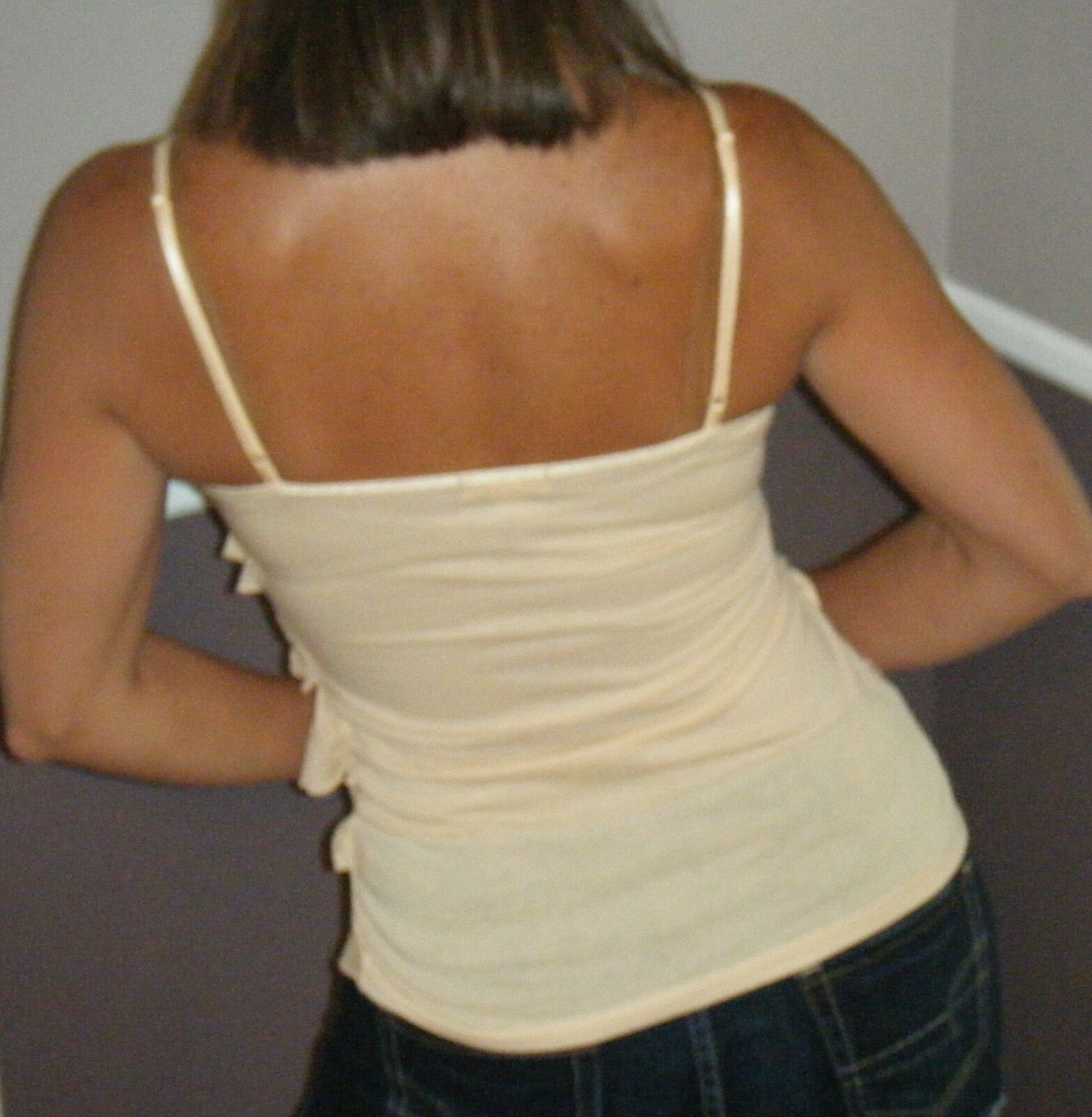 Very Sexy Tiered Ruffle Lace Scoop Neck Low Cut Cleavage Tank Cami Top Tan S/M/L