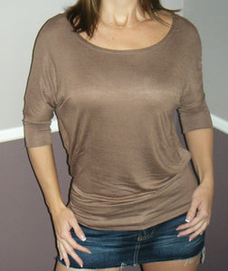 Very Sexy Dolman Wide Scoop Open Boat Neck Batwing Short Sleeve Top Shirt Cocoa