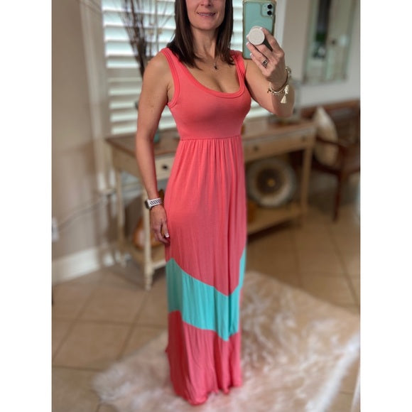 "Summer In The City" Maxi Dress Chevron Scoop Neck Sleeveless Tank Long Tube Summer Light Coral Mint