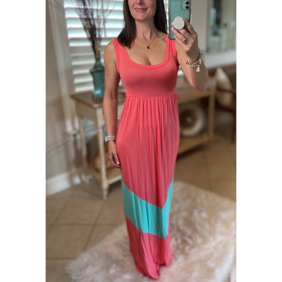 "Summer In The City" Chevron Scoop Neck Tank Maxi Long Tube Dress Coral Mint