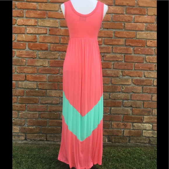 "Summer In The City" Chevron Scoop Neck Tank Maxi Long Tube Dress Coral Mint