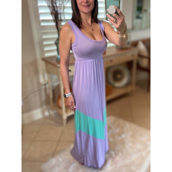 "Summer In The City" Maxi Dress Chevron Scoop Neck Sleeveless Tank Long Tube Summer Light Purple Mint