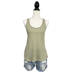 Low Scoop Neck Cleavage Preppy Striped Keyhole Back Floaty Tank Olive S/M/L