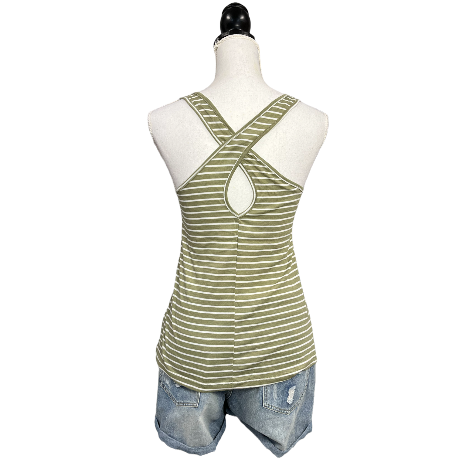 Low Scoop Neck Cleavage Preppy Striped Keyhole Back Floaty Tank Olive S/M/L