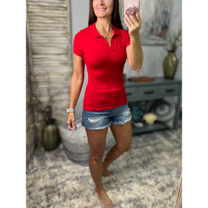 Basic Polo Low Cut 4 Button Henley Collar Slim Fitted Preppy Stretch Top Red PLUS