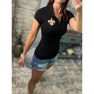 New Orleans Saints Fleur de Lis Embroidered Basic Polo Low Cut 3 Button Henley Collar Slim Fitted Preppy Stretch Top Black