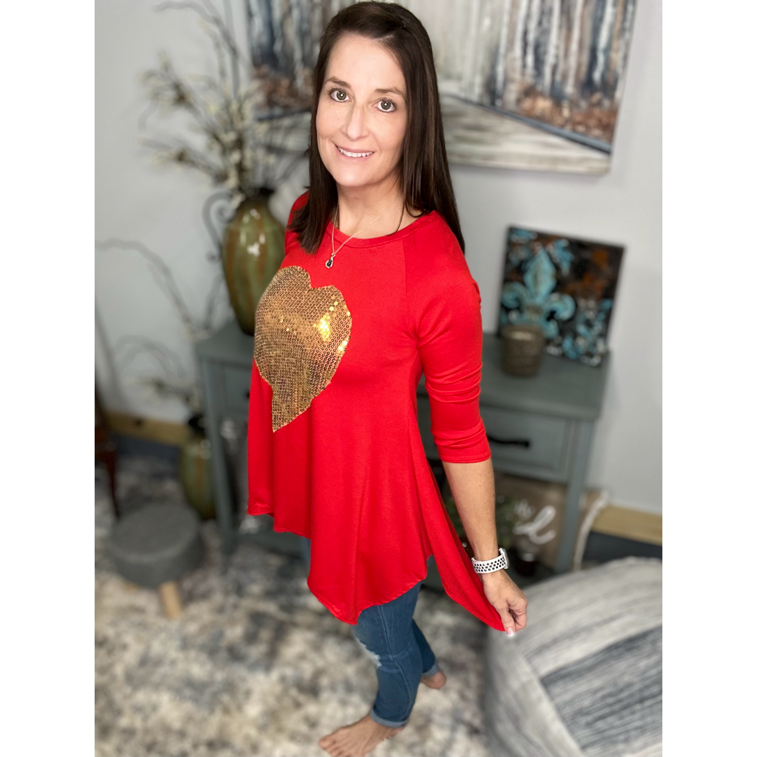 Sequined Gold Heart Valentine's Day Shark Bite 3/4 Sleeve Round Neck Red Small