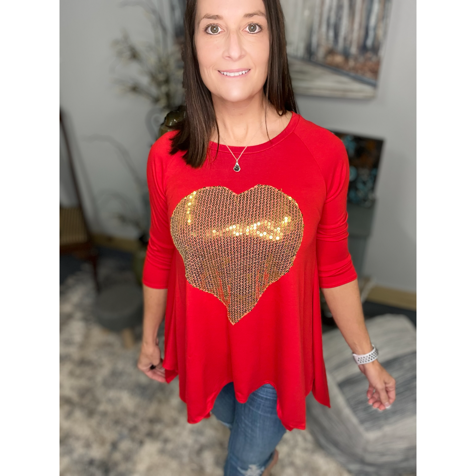 Sequined Gold Heart Valentine's Day Shark Bite 3/4 Sleeve Round Neck Red Small