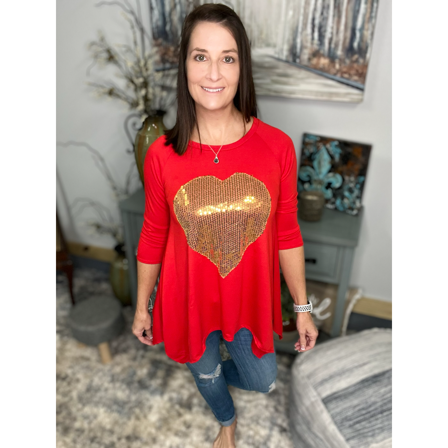 Sequined Gold Heart Valentine's Day Shark Bite 3/4 Sleeve Round Neck Red Small